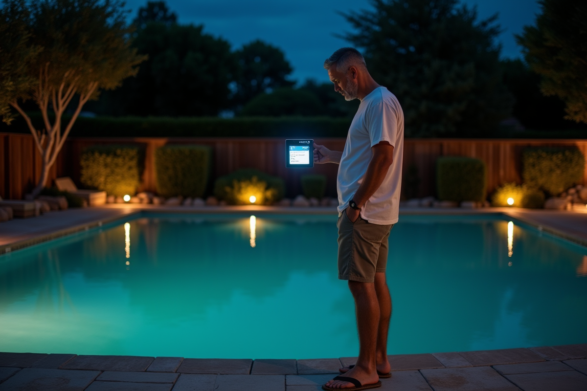 Homme d'âge moyen vérifiant le panneau de contrôle de la piscine la nuit