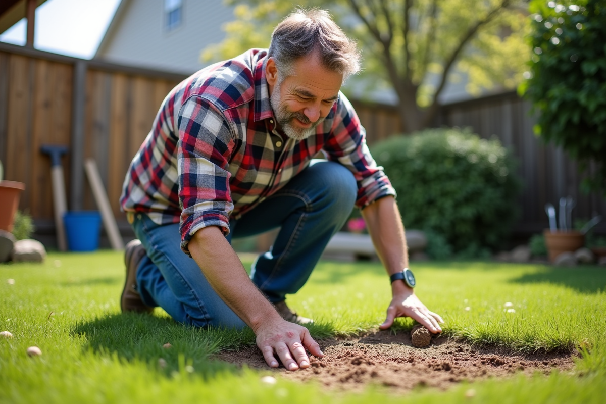 Homme en jeans et chemise à carreaux plantant du gazon dans un jardin