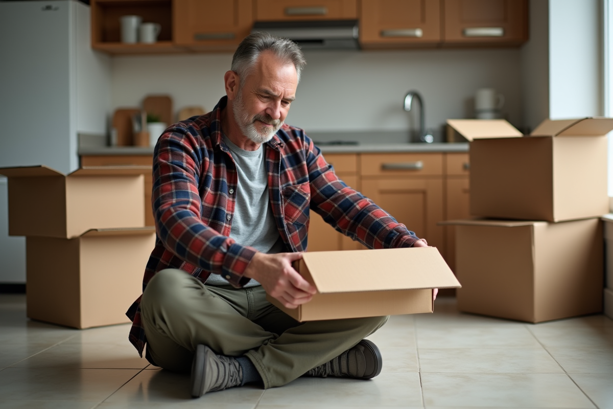 Homme plie un carton dans une cuisine moderne