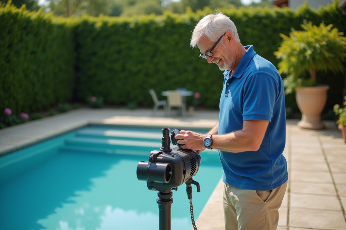 Homme souriant ajustant la pompe de piscine extérieure