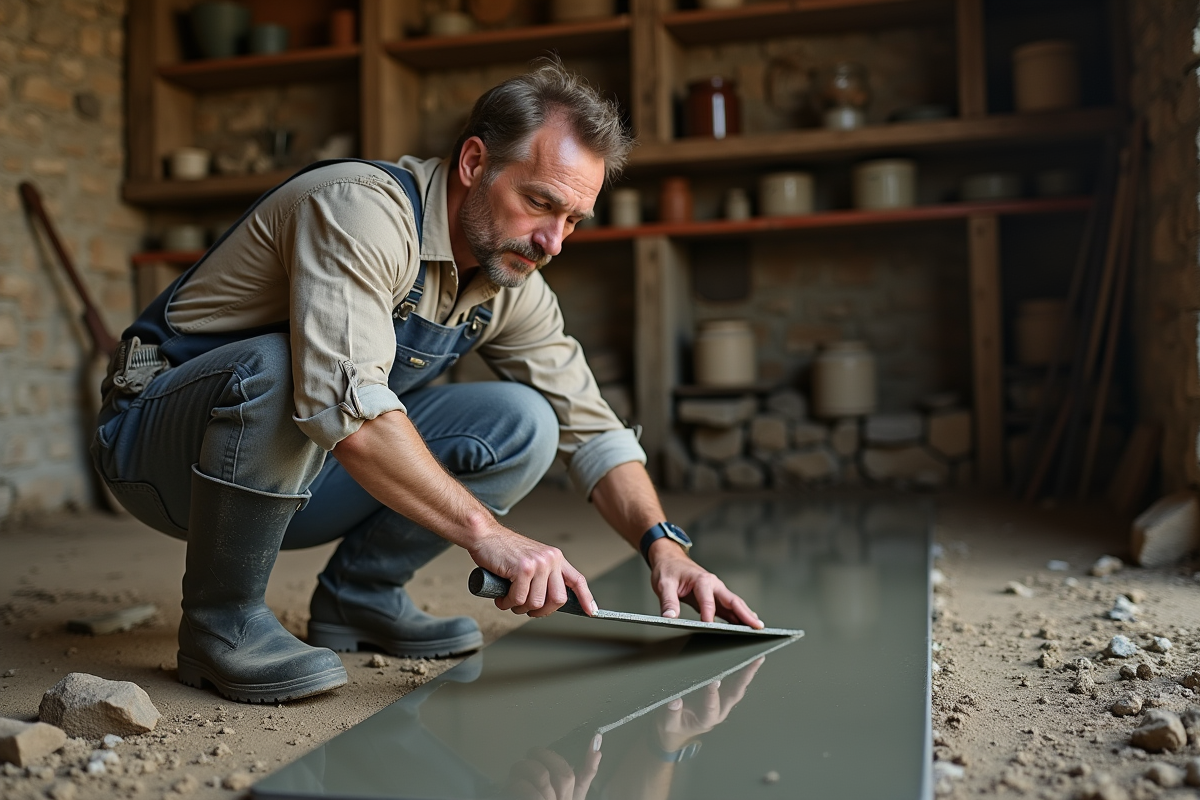 Homme en overalls lissant une dalle de béton dans une cave