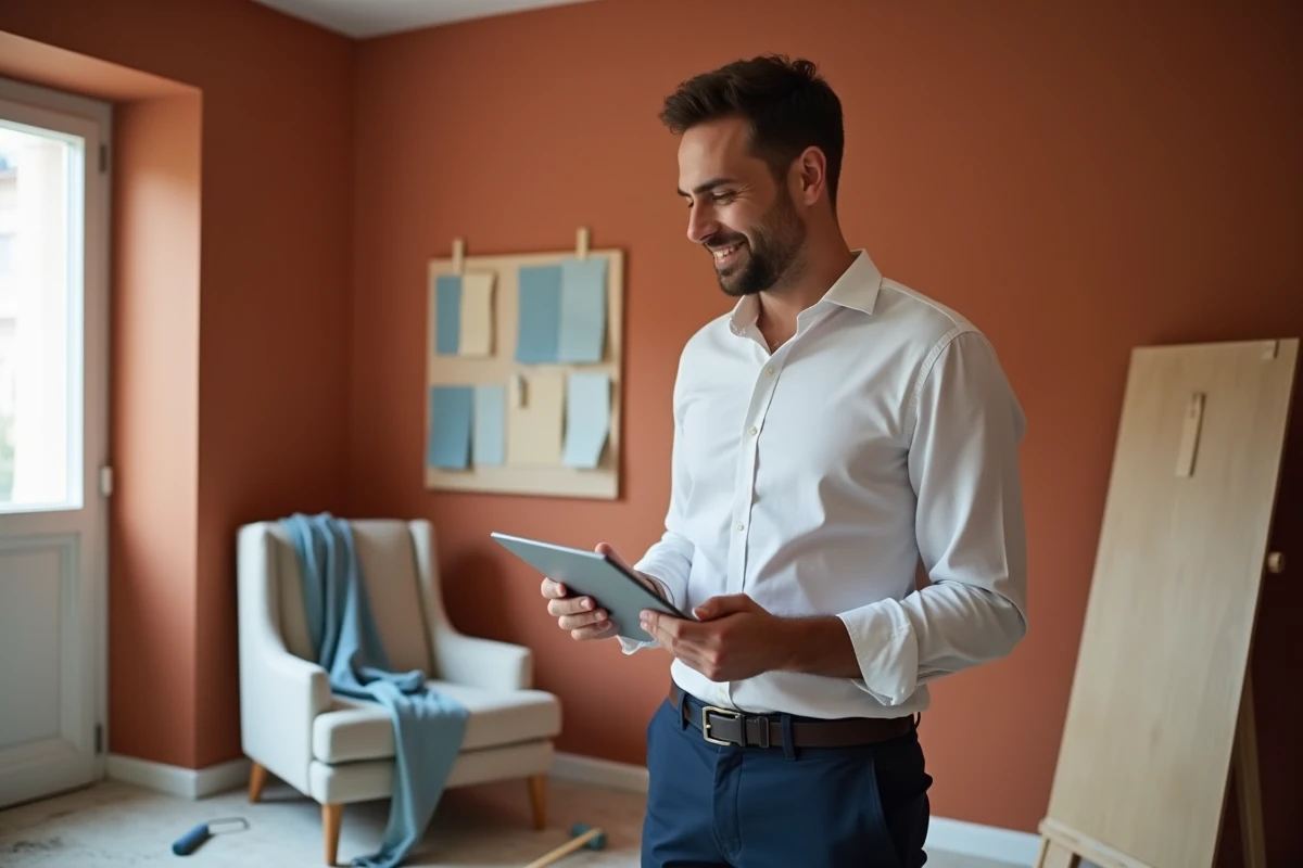 Homme consultant les résultats de son test de style déco sur tablette dans un salon en cours d'aménagement