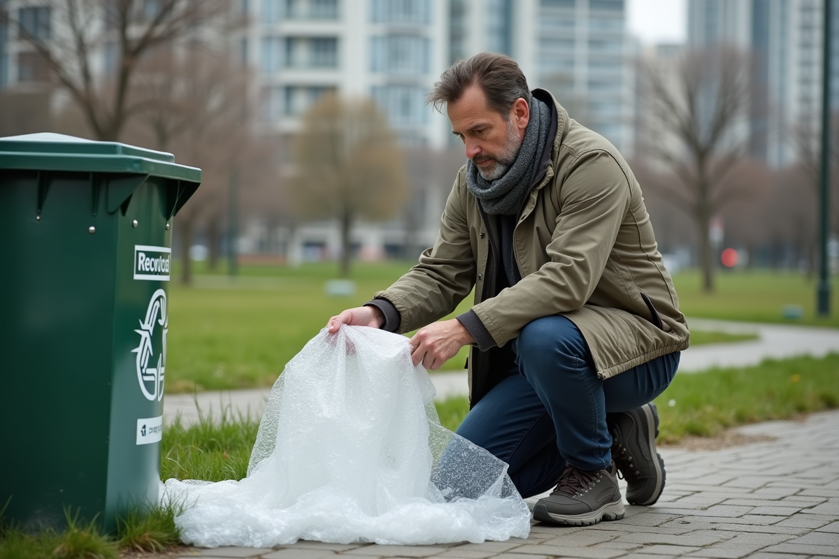 Homme pliant du plastique dans un parc urbain