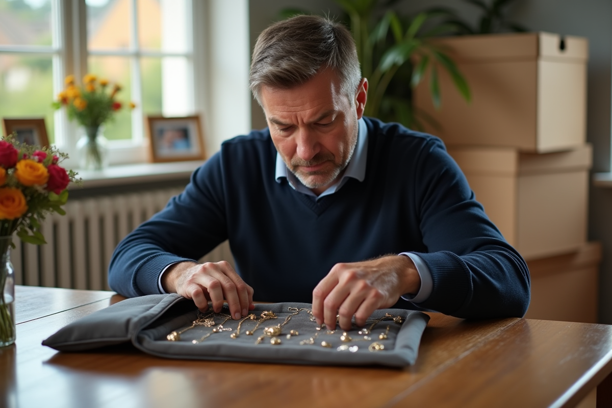 Homme inspectant un sac de voyage avec des bijoux sur la table