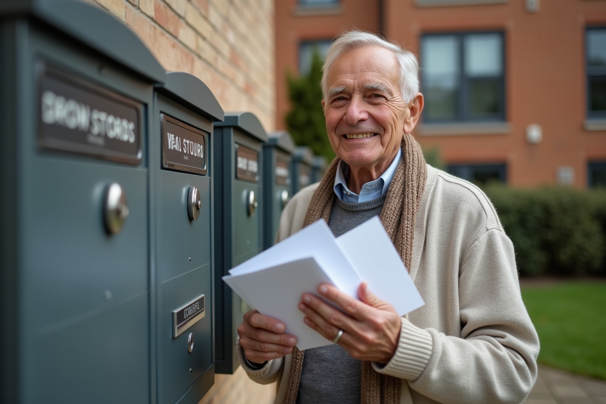 Homme &acirc;g&eacute; v&eacute;rifiant ses enveloppes devant une bo&icirc;te aux lettres