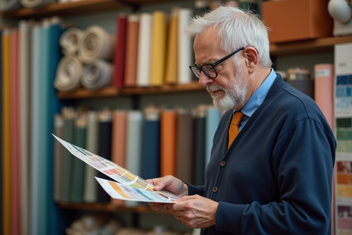 Homme âgé examinant des échantillons de peinture dans un magasin