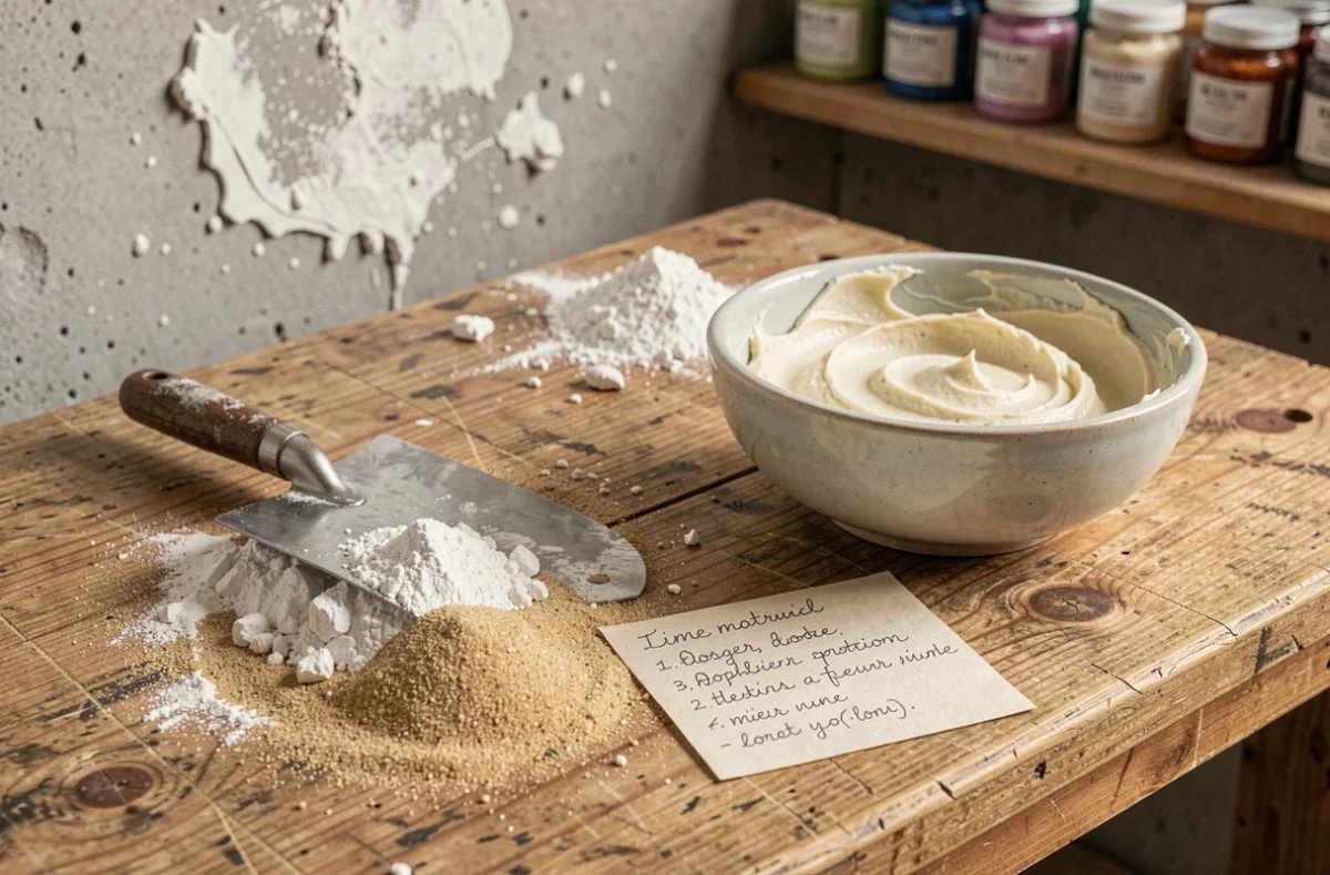 Mise en scène des matériaux pour dosage mortier chaux sable avec proportions manuscrites sur établi