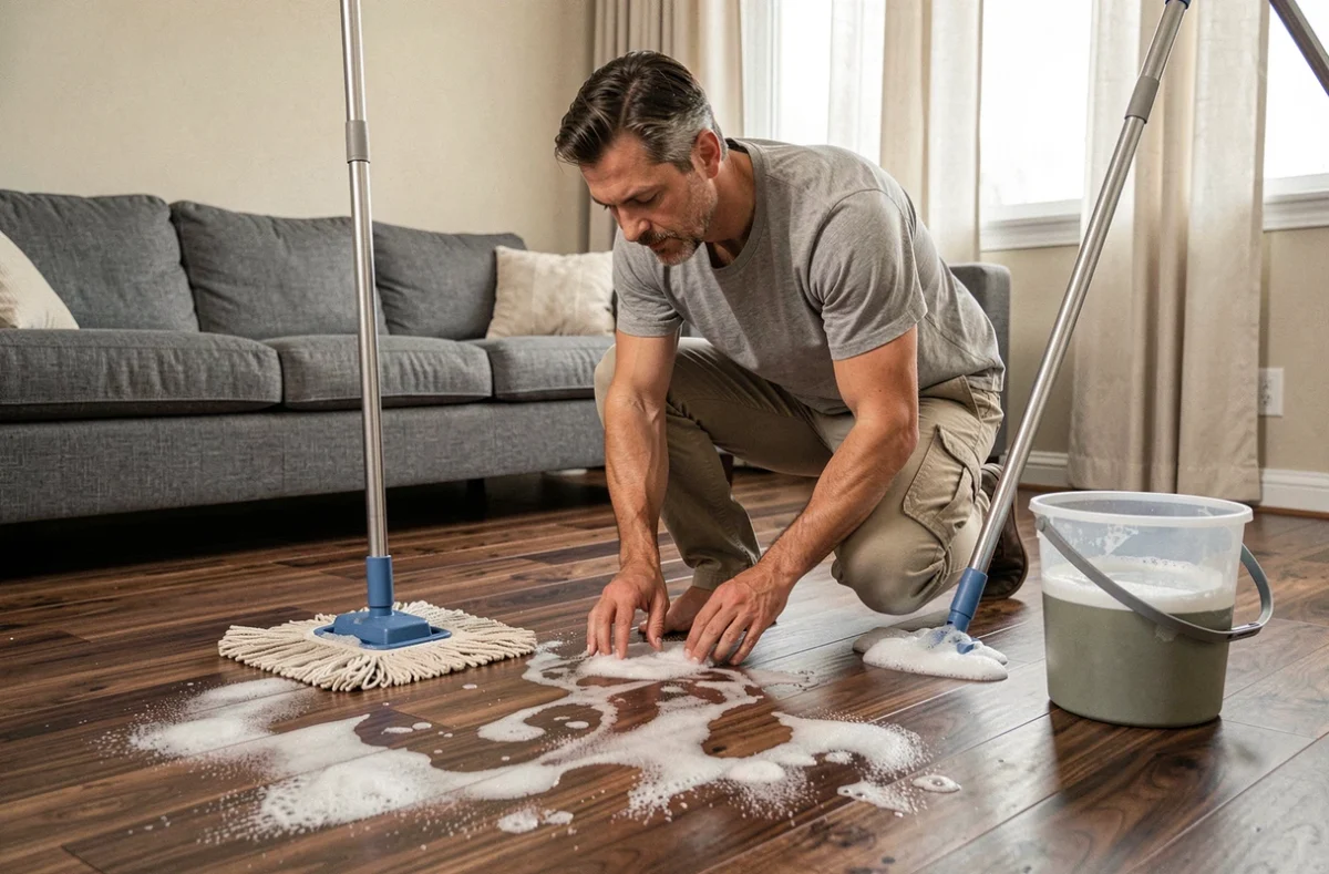Homme inspectant des taches blanches et auréoles sur un parquet en noyer causées par un excès d'eau de nettoyage avec un balai lave-sol