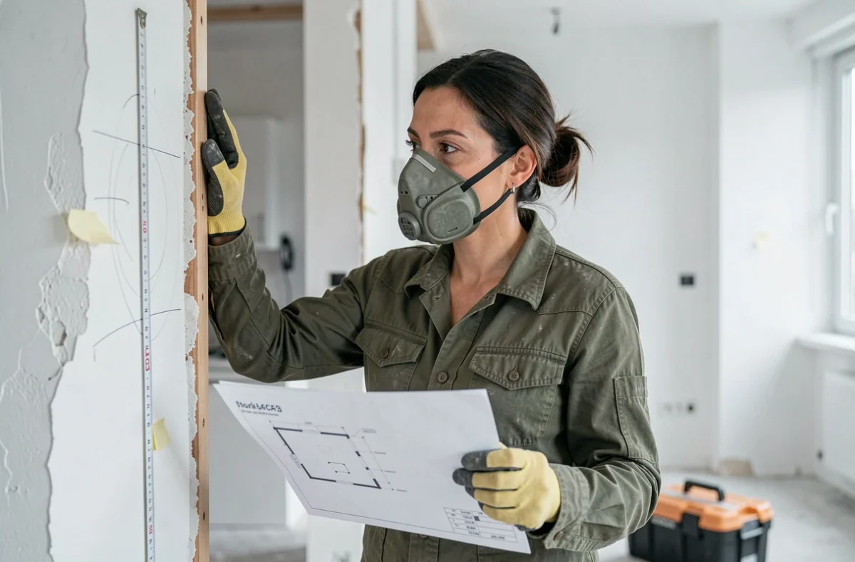 Femme inspectant un mur non porteur avec un plan architectural avant démolition dans un appartement en rénovation