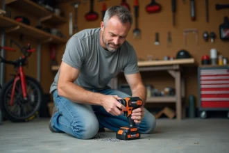 Homme inspectant une perceuse sans fil Parkside dans un garage atelier, évaluant la fiabilité de l'outil