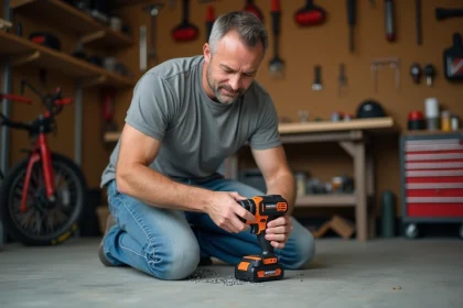 Homme inspectant une perceuse sans fil Parkside dans un garage atelier, évaluant la fiabilité de l'outil