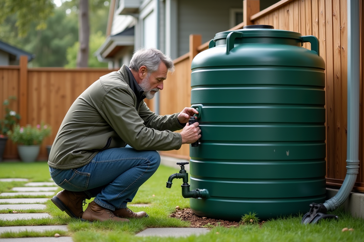 Homme inspectant une grande cuve d'eau de pluie devant une maison