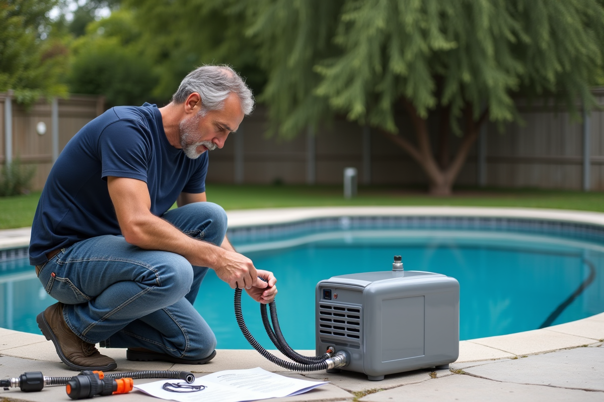 Homme en jeans et t-shirt connectant un chauffage de piscine