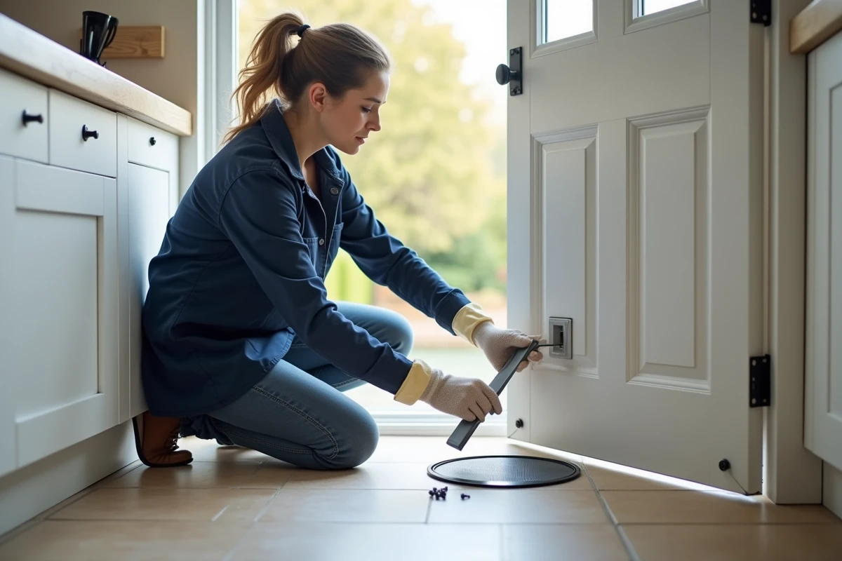 Femme installant une chatière en plastique gris dans une porte PVC blanche dans une cuisine moderne
