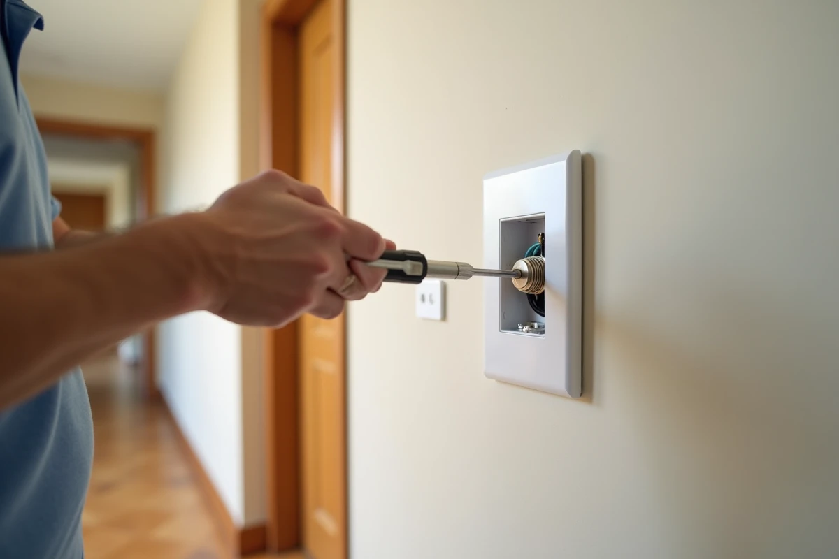 Électricien installant un interrupteur poussoir encastré dans un couloir résidentiel moderne avec fils de connexion visibles dans le boîtier