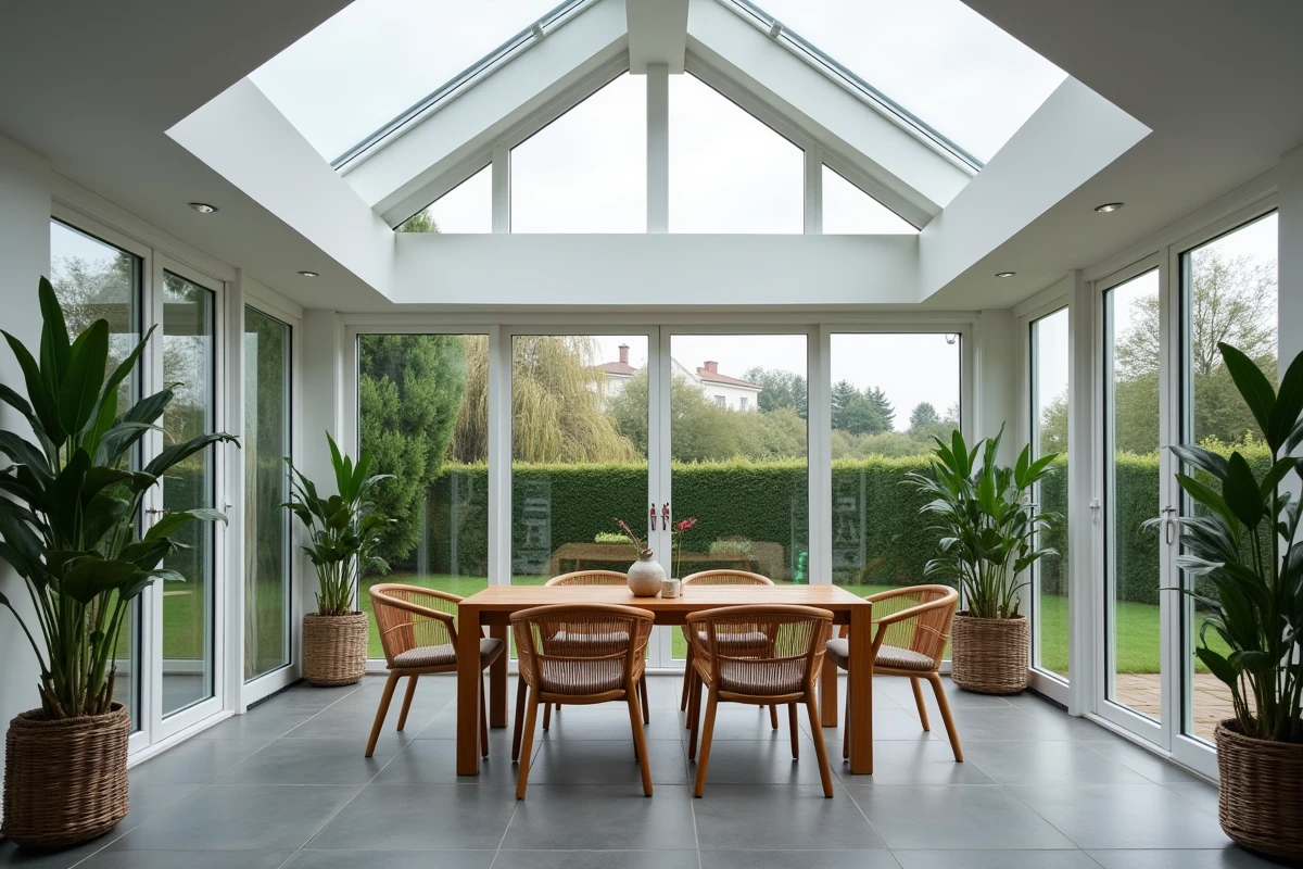 Intérieur d'une véranda de 40m2 avec toiture en pente vitrée, aménagée en salle à manger avec table en bois et plantes vertes
