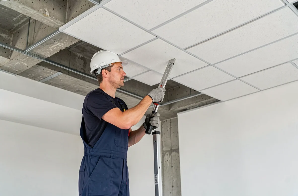 Technicien d'Iroise Plafonds posant des panneaux de plafond suspendu dans un bâtiment commercial