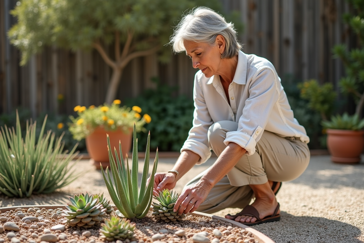 Femme méditerranéenne prenant soin de succulents résistants à la sécheresse