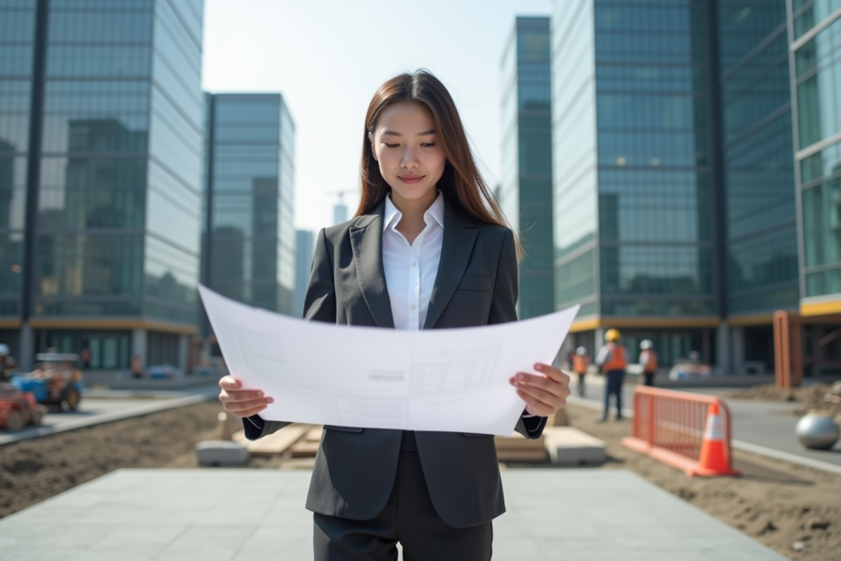 Jeune architecte femme examine des plans sur un chantier moderne