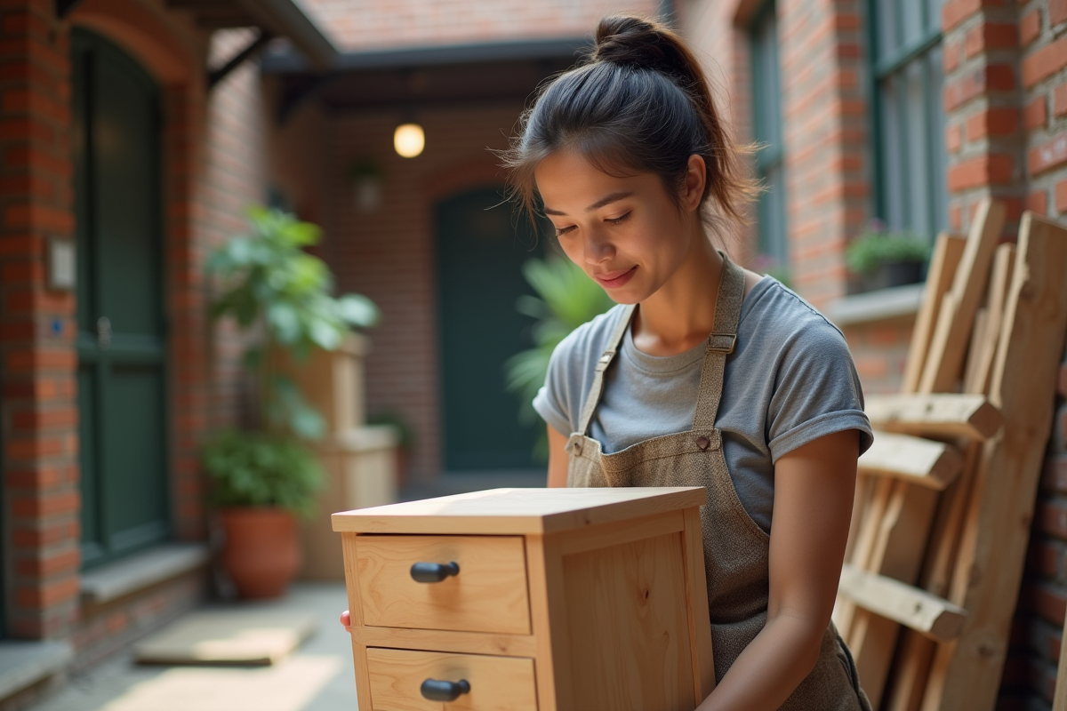 Jeune artisane inspectant un meuble en bois en extérieur