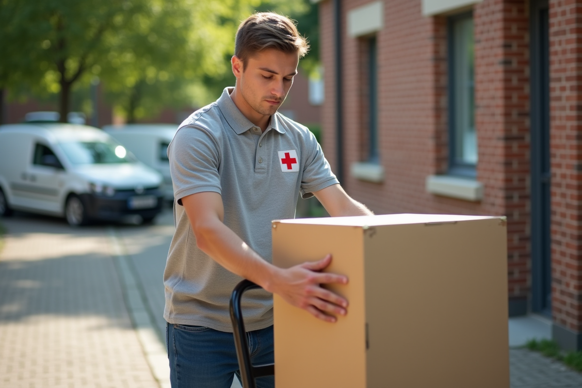 Jeune bénévole déplaçant une étagère en plein air