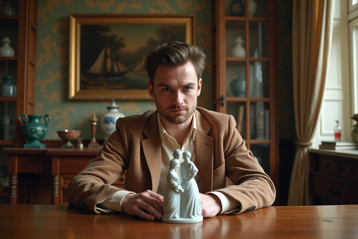 Jeune homme inspectant une figurine Quimper dans son étude