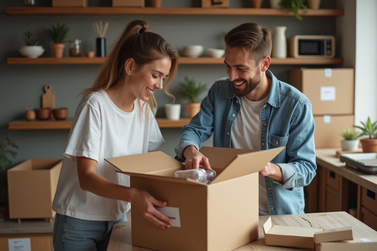 Jeune couple préparant des cartons dans un appartement