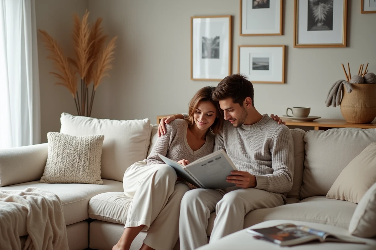 Jeune couple lisant un magazine dans un salon scandinave