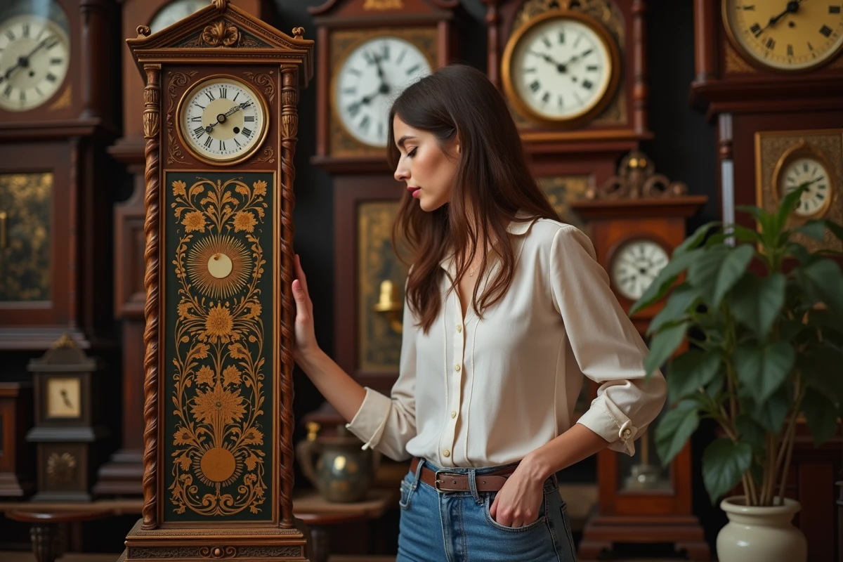 Jeune femme étudiant une horloge comtoise dans une boutique d