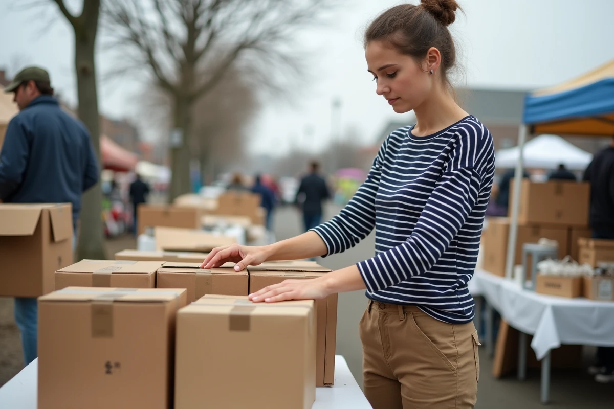 Jeune femme choisissant des cartons gratuits sur un marché aux puces pour emballer des objets fragiles