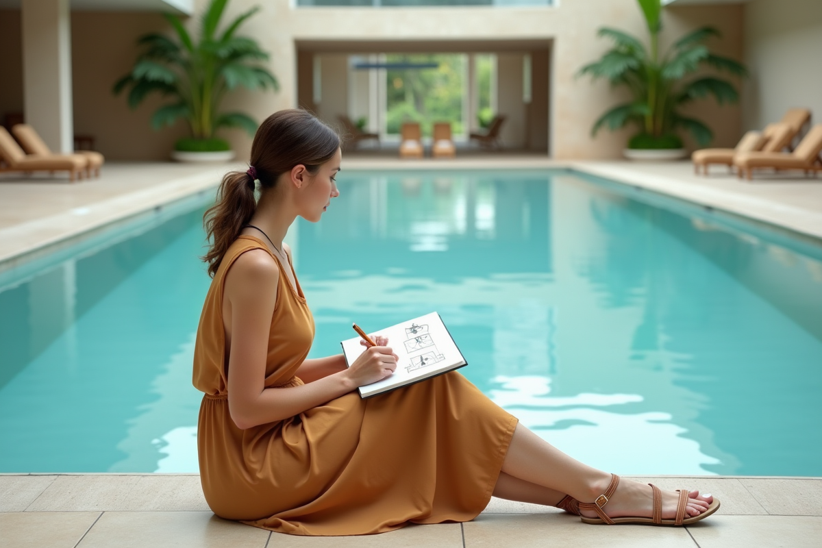 Jeune femme dessinant un plan d’éclairage au bord de la piscine