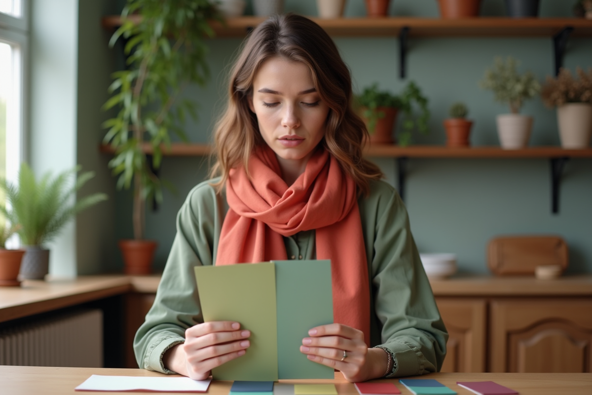 Jeune femme tenant des échantillons de couleurs dans la cuisine