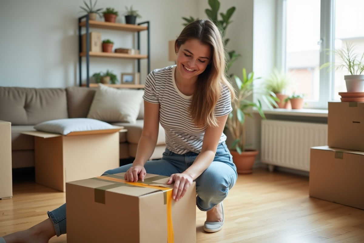 Jeune femme souriante emballant une boîte en carton dans un salon lumineux