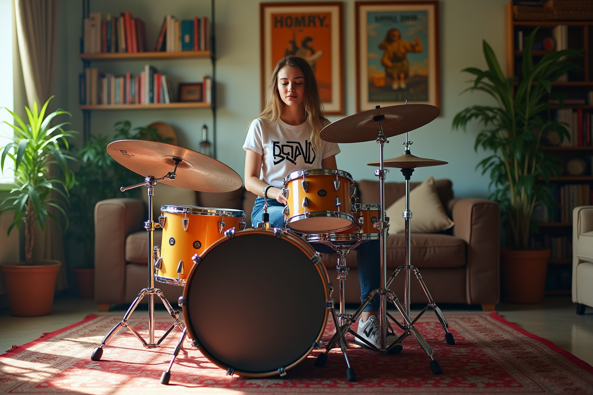 Jeune femme assise au drum dans un salon lumineux