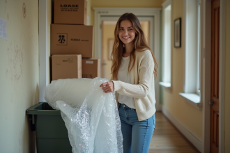 Jeune femme souriante déballant du plastique à la maison