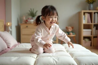 Jeune fille souriante sur un matelas latex japonais
