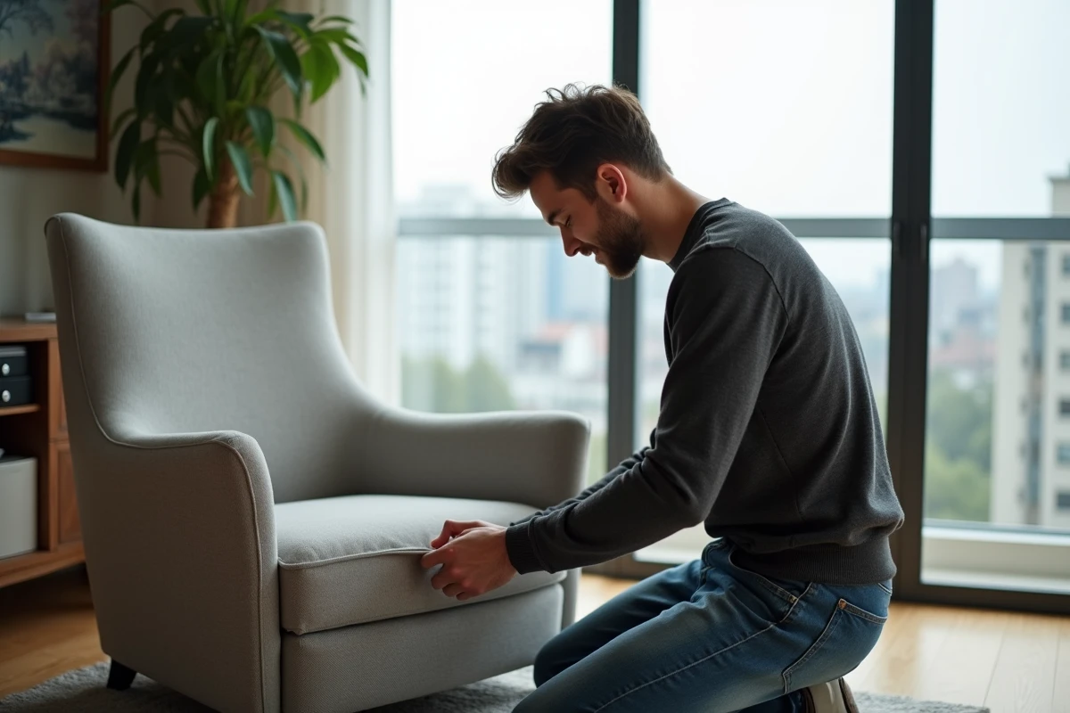 Jeune homme ajustant une housse de fauteuil moderne
