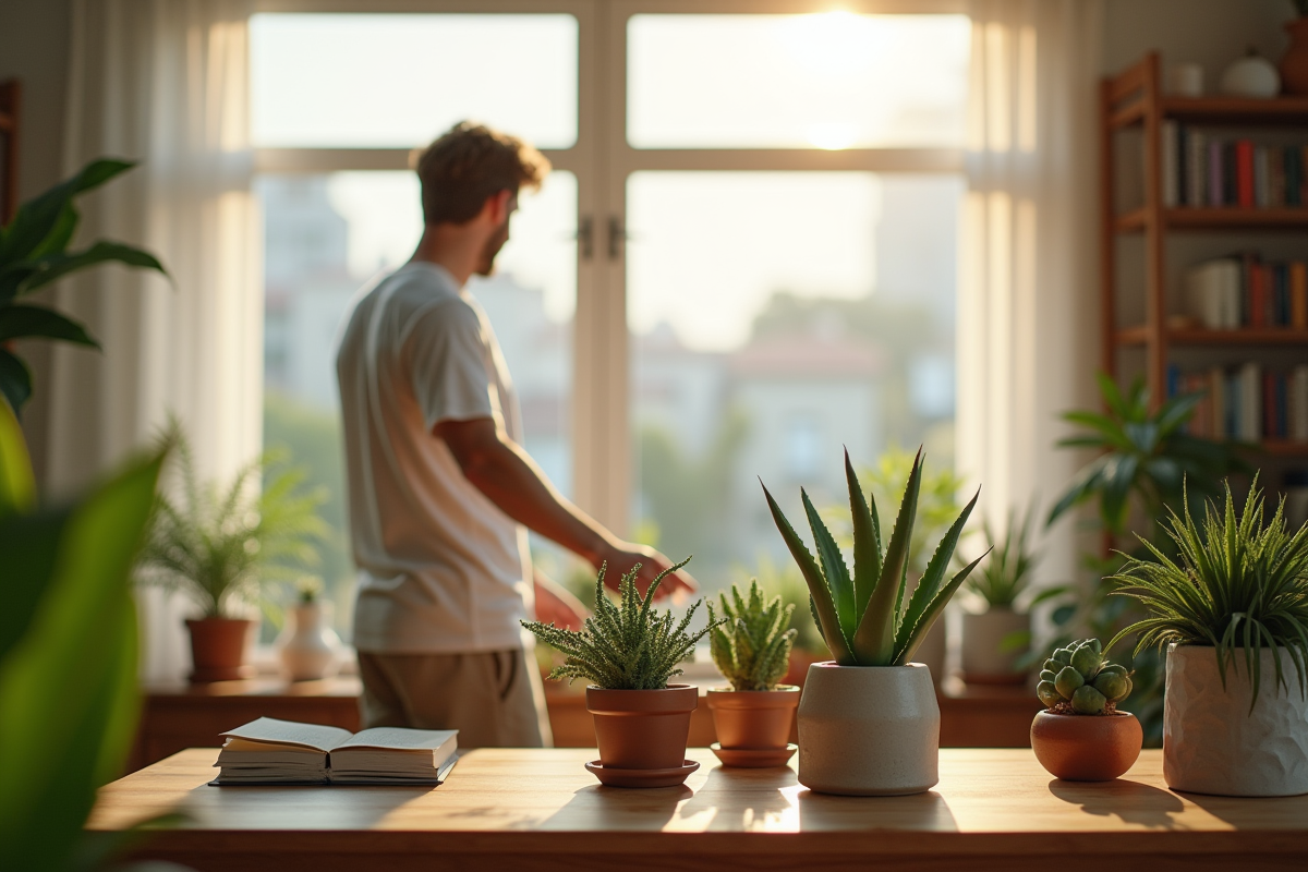 Jeune homme montrant des plantes grasses dans une maison lumineuse