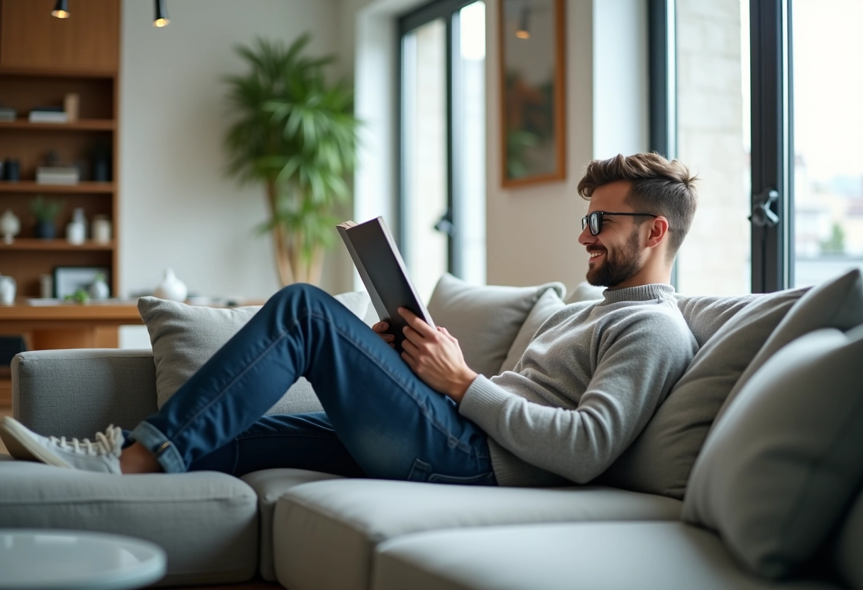 Jeune homme relaxe sur un canapé dans un intérieur lumineux