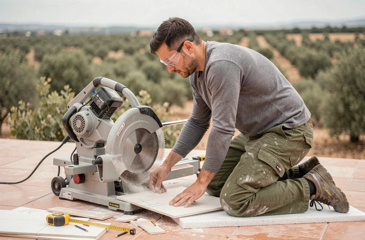 Poseur de Jk Carrelage découpant du carrelage en porcelaine sur un chantier de terrasse dans l'Hérault