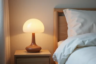 Lampe de chevet champignon dimmable en verre dépoli sur table de nuit en bois dans une chambre scandinave épurée