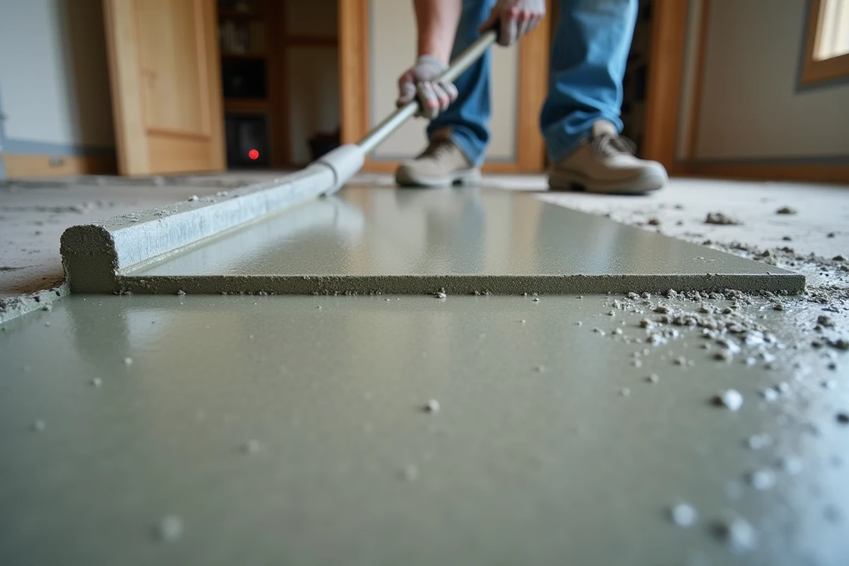 Lissage d'une chape mortier fraîchement coulée avec une règle en aluminium dans une pièce en rénovation