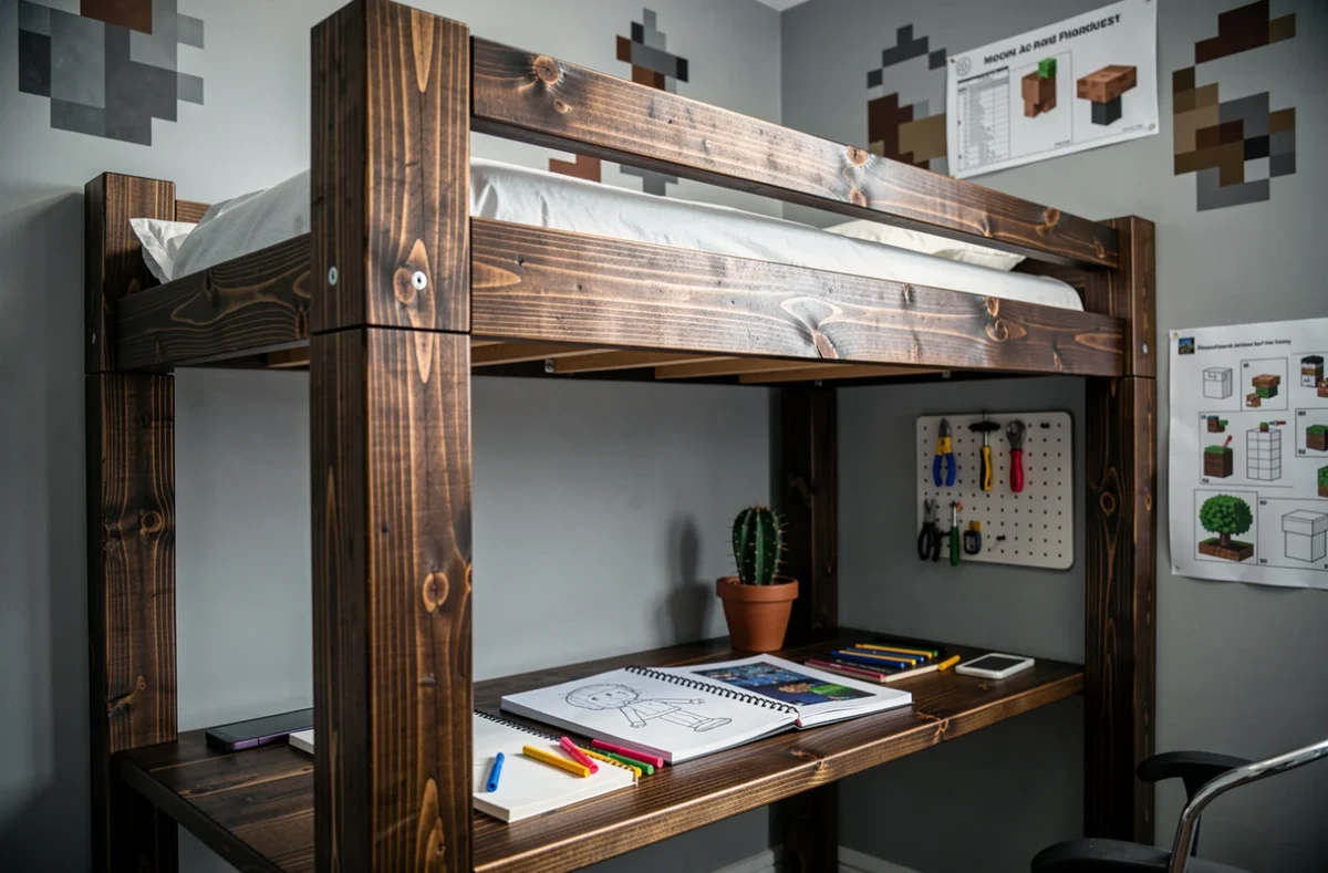 Chambre ado avec lit mezzanine style Minecraft en bois sombre et décorations pixel art murales