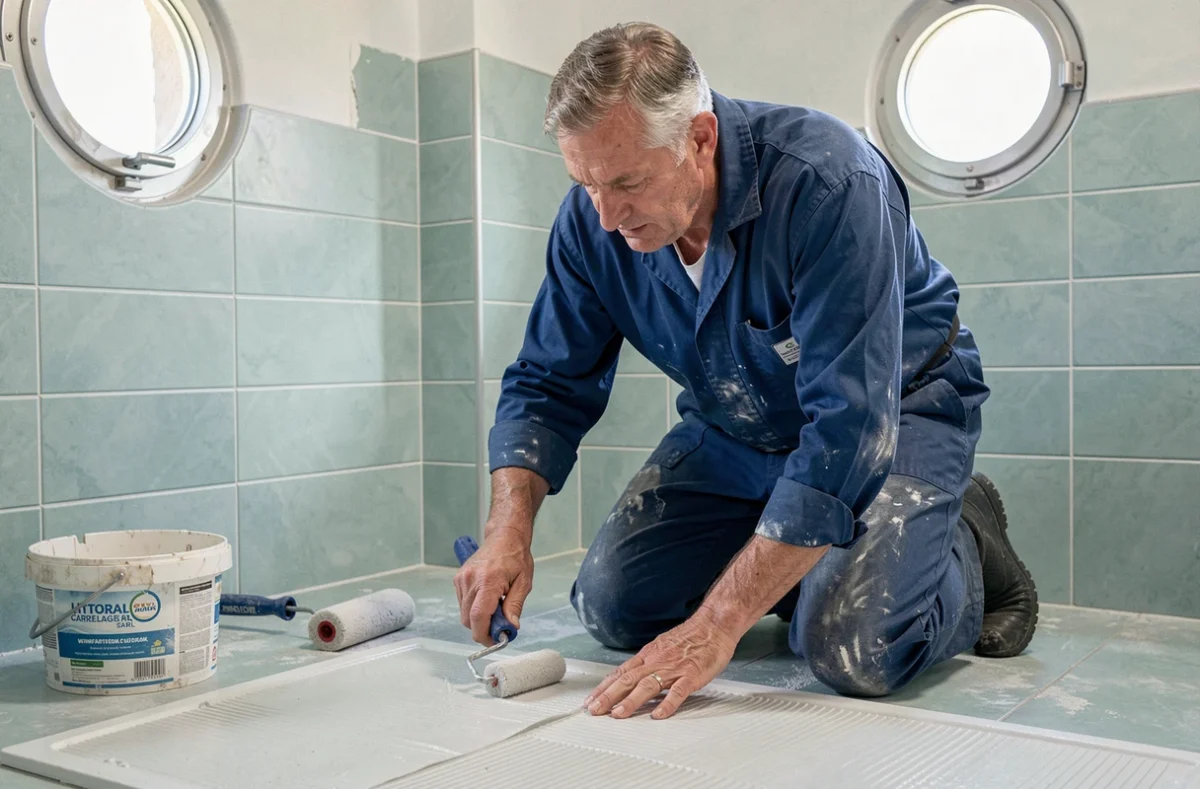 Professionnel de Littoral Carrelage SARL appliquant une membrane d'étanchéité dans une salle de bain côtière de l'Hérault