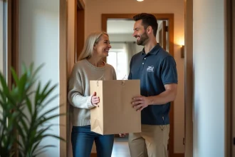 Femme souriante recevant des courses à la porte de son appartement