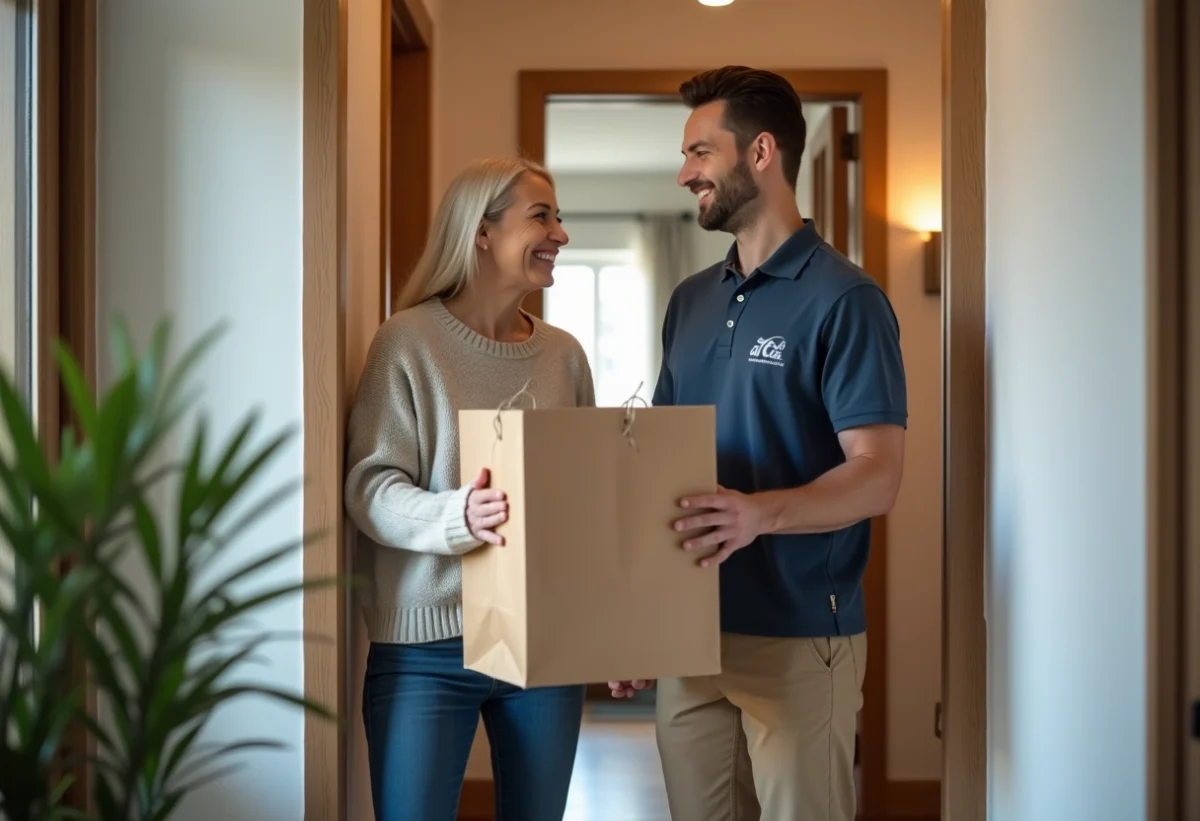 Femme souriante recevant des courses à la porte de son appartement