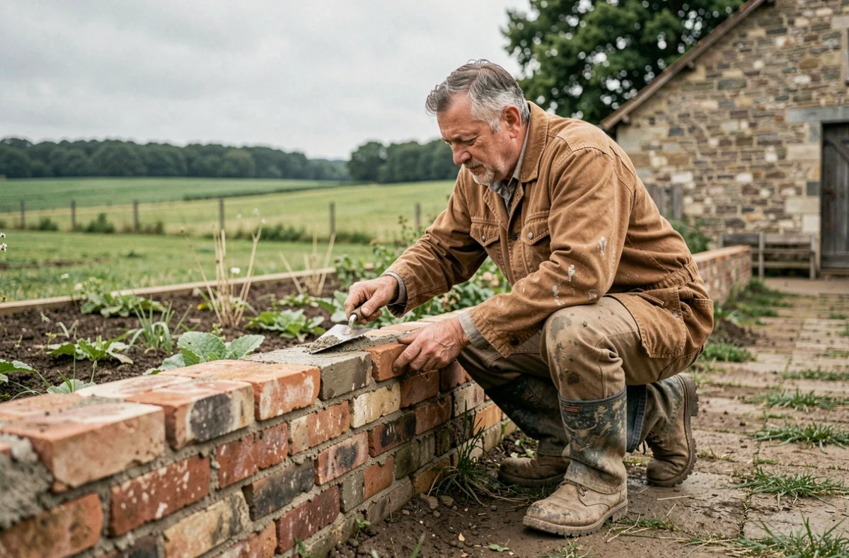 Maçon de la Maçonnerie Hennuyer posant des briques artisanales pour un muret de jardin près d'une ferme dans les Hauts-de-France
