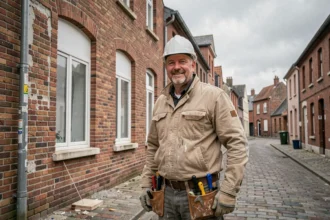 Maçon professionnel devant une façade en briques rénovée dans les Hauts-de-France, représentant le top 10 des meilleurs artisans maçons de la région en 2026