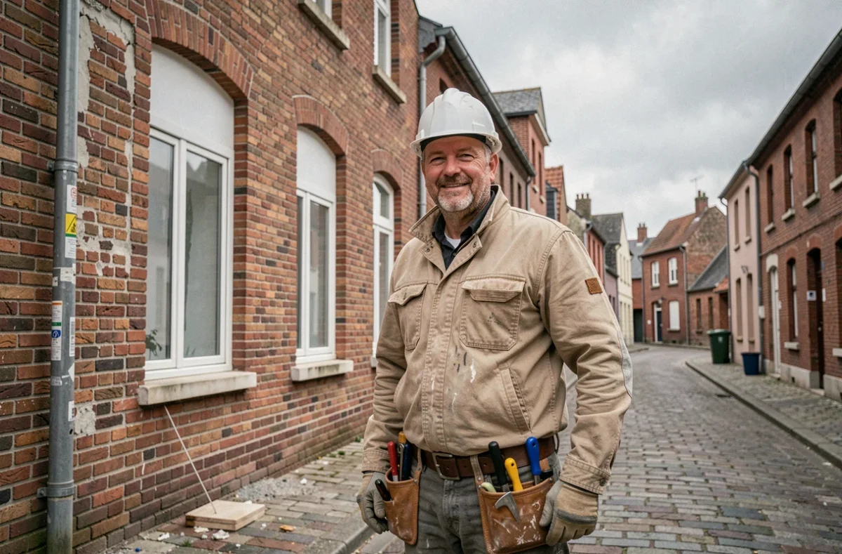 Maçon professionnel devant une façade en briques rénovée dans les Hauts-de-France, représentant le top 10 des meilleurs artisans maçons de la région en 2026