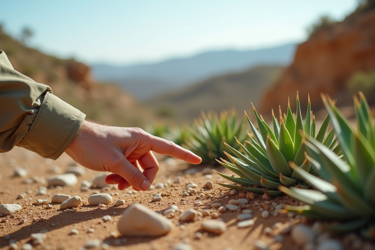 Main pointant des feuilles de succulentes dans un paysage sec